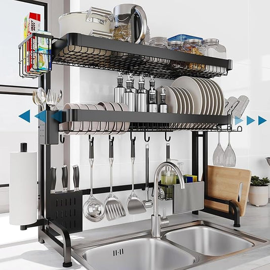 LIVOD Over The Sink Dish Drying Rack,3 Tier Adjustable Length Full Stainless Steel Large Storage Kitchen Dish Rack,for Kitchen Counter Expandable Multifunctional Organizers,Silver(25.5'' to 37.4'')