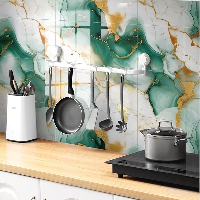 Chejiaye 22pcs Marble Peel and Stick Backsplash Waterproof Washroom Wall Panels, Peel and Stick Tile, PVC Foam Wall Panels for Kitchen,Bathroom,Living Room,Green and Gold(Not Real Tile,11.8" x 11.8")