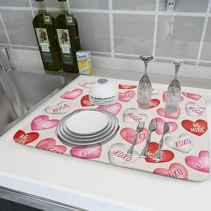 Valentines Dish Drying Mat for Kitchen Counter 18x24 Red Pink Love Heart Valentine's Day Holiday Themed Absorbent Reversible Microfiber Drying Mats Kitchen Countertop Protector Dishes Drainer Pad