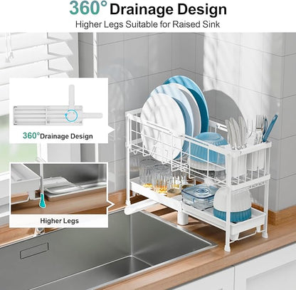 GSlife Narrow Dish Drying Rack - Expandable Small Dish Rack for Kitchen Counter, 2 Tier Adjustable Capacity (15.7''-20.7''L) Dish Drainer Rack with Removable Cutlery Holder, White
