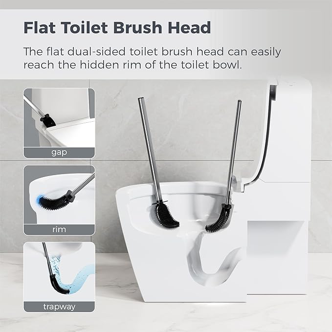 Toilet Brush and Holder Set Toilet Cleaning Brush with Silicone Bristles for Bathroom Stainless Steel Flexible Compact Toilet Bowl Brush (1, Stainless Steel)
