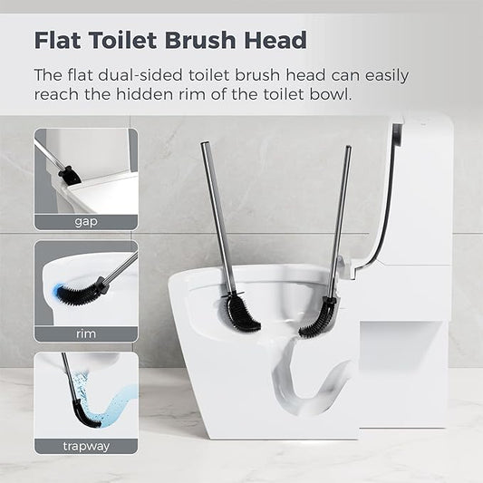 Silicone Toilet Brush Holder Set,TPR Toilet Bowl Brush with Long Stainless Steel Handle and Flexible Bristles,Deep Cleaning & No-Scratch Toilet Scrubber, Sleek Toilet Brush with Weighted Base (2, SS)