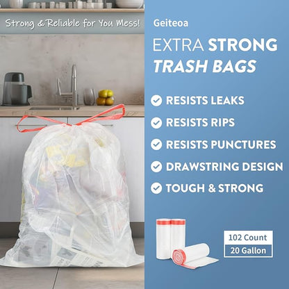 20 Gallon Trash Bags Fit 20-21 Gal, Extra Strong Large Garbage Bags w/Drawstring (102 Count) Heavy Duty Plastic Trash Liners for Kitchen Commercial Office Lawn, Clear