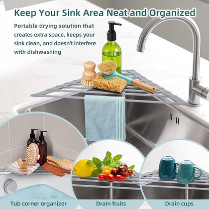 Ohuhu Triangle Roll Up Dish Drying Rack, Anti-Slip Organizer for Kitchen Sink Drying Rack with Full Silicone Wrapped for Top of Sink Coner Grey
