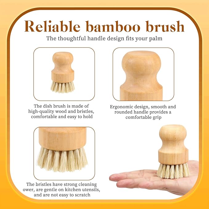 12 Packs Bamboo Dish Scrub Brushes, Full Circle Scrub Brush Wooden Dish Scrubber Brushes with Sisal Bristle for Kitchen Sink Cleaning Cast Iron Pots and Pans