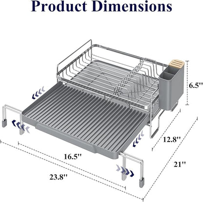 Kitsure Extendable Dish Drying Rack - Adjustable Length 12.8"–21.0", Auto-Draining Dish Rack for Kitchen Counter, Rust-Resistant Metal Frame Over-Sink Support for Plates, Bowls & Utensils, Sliver Grey