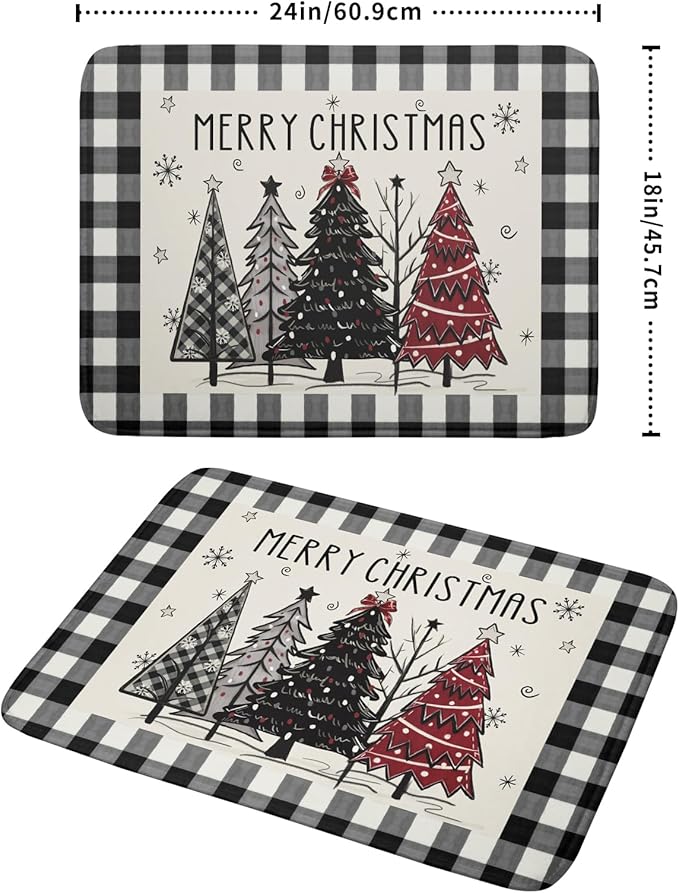 Merry Christmas Tree Dish Drying Mat for Kitchen Counter 18x24 Inch Black Red Grey Xmas Plaid Print Absorbent Reversible Microfiber Drying Mats Kitchen Countertop Protector Dishes Drainer Rack Pad