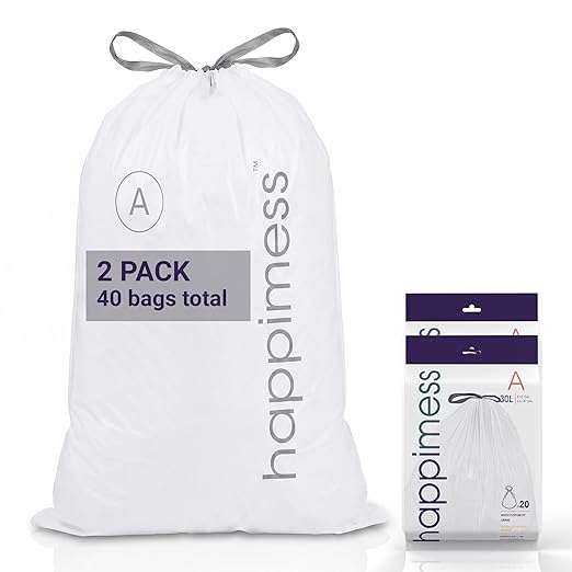 happimess 8 Gallon (30L) Drawstring Trash Bags, Unscented, White, Heavy Duty LDPE Liners for Kitchen and Household, Custom Fit 40 Count (2 Packs of 20 Liners) HPM3000A-W-2SET