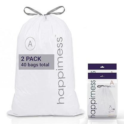 happimess 8 Gallon (30L) Drawstring Trash Bags, Unscented, White, Heavy Duty LDPE Liners for Kitchen and Household, Custom Fit 40 Count (2 Packs of 20 Liners) HPM3000A-W-2SET