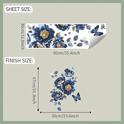Gorgeous Blue Peony Rose Flower Wall Stickers, sacinora Butterfly Floral Art 3D Wall Decals Removable Vinyl Peel and Stick for Bedroom Study Room Bathroom Home Decorations