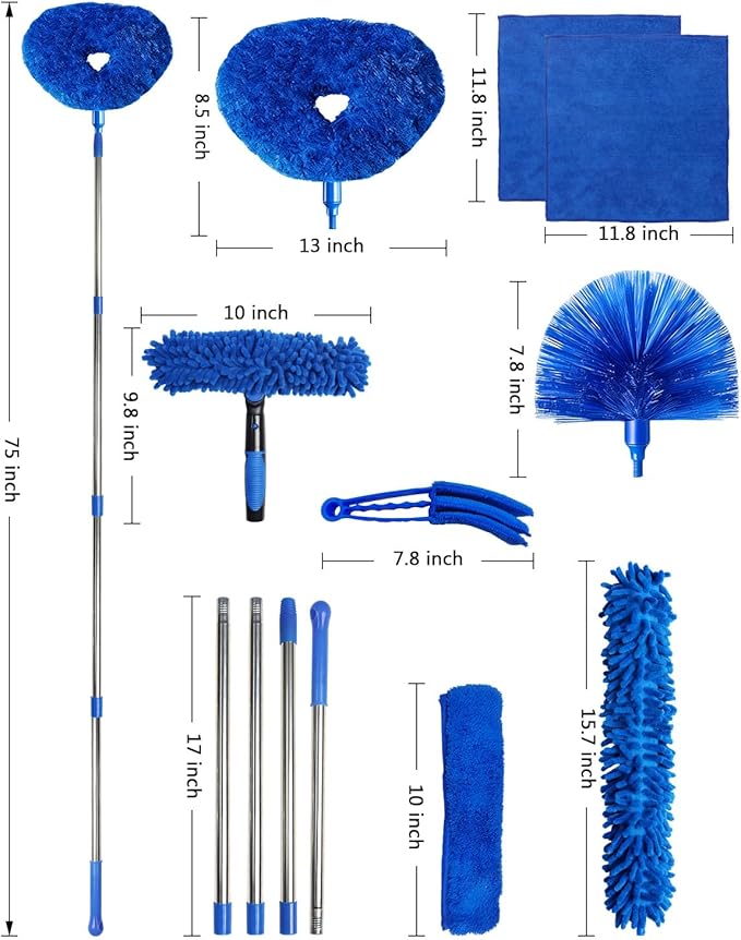 Ceiling Fan Duster Cleaning Kit with 75 Inch Extension Pole, Long Handle Microfiber & Chenille Dusters for High Ceiling Fan Blades, Blinds, Walls, Window Glass Cleaner, Cleaning Tools Set