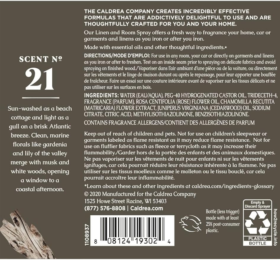 Caldrea Linen And Room Spray Air Freshener, Made With Essential Oils, Plant-Derived And Other Thoughtfully Chosen Ingredients, Rosewater Driftwood Scent, 16 Oz