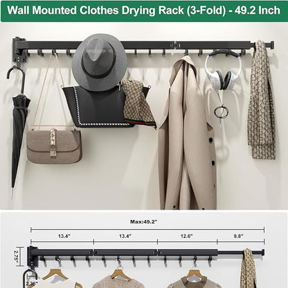 Kelisiting Wall Mount Clothes Drying Rack, Wall Mounted Drying Rack, Upgraded 3-Fold & Sturdy Laundry Drying Rack with 12 Dual-Side Hooks Space Saver for Laundry Room, Apartment, Dorms - Black