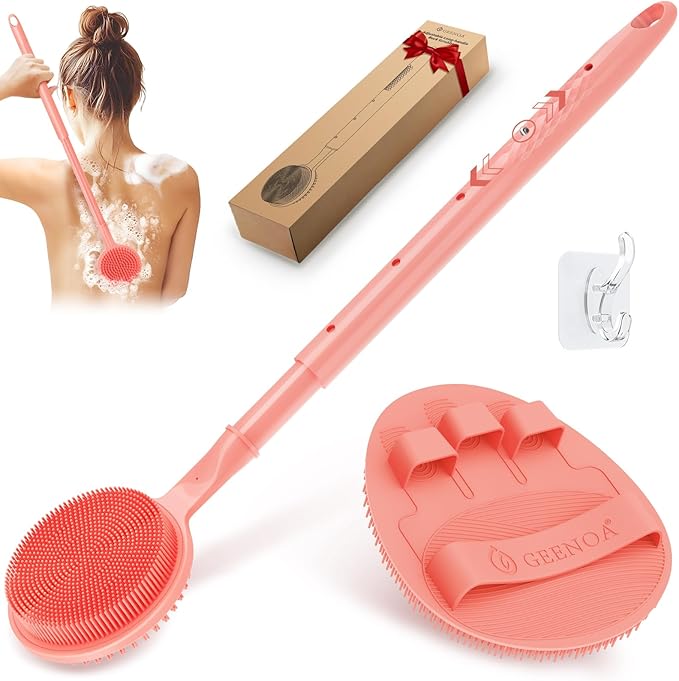 Soft Silicone Back Scrubber & Bath Glove 2PCS, 16''- 24'' Extendable Back Scrubber with Dual-Side Head, 360° Anti-Slip & Hand-fit Silicone Body Scrubber for Rich Foaming Deep Cleaning(Pink)