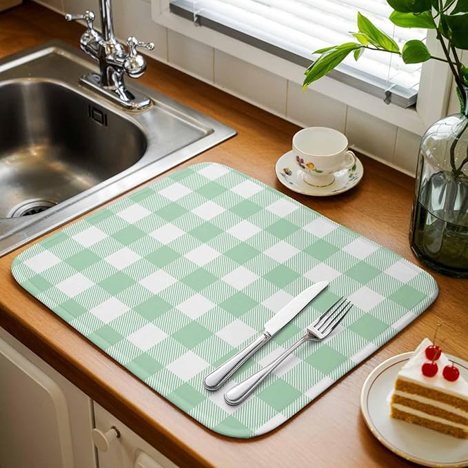 Dish Drying Mat Light Green Buffalo Check Plaid Drying Mats for Kitchen Counter Farmhouse Style Absorbent Microfiber Dish Drainer Quick Drying Coffee Mat with Hanging Loop, 18 x24 inch