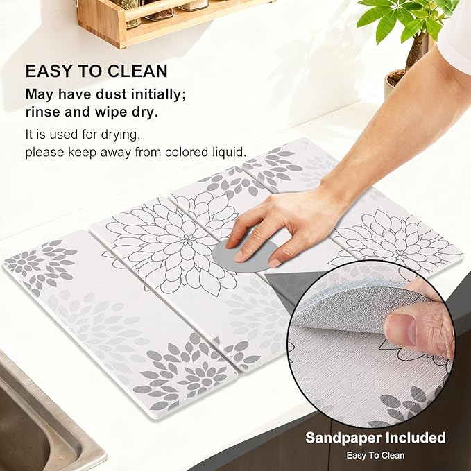 Stone Drying Mat for Kitchen Counter 3-Pack, Soft Diatomaceous Earth Absorbent Mat Set, Quick Dry Stone Faucet Splash Guard & Small Drying Pad, Foldable Diatomite Stone for Pet, Plant & Bath