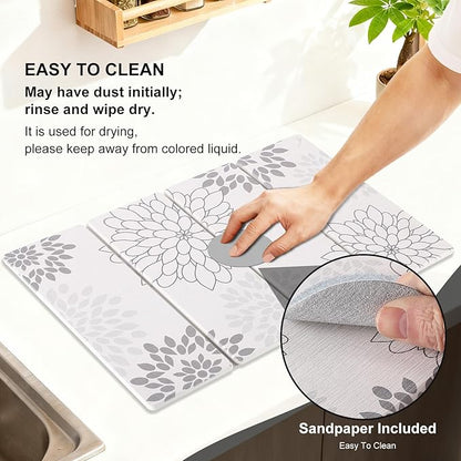 Stone Drying Mat for Kitchen Counter 3-Pack, Soft Diatomaceous Earth Absorbent Mat Set, Quick Dry Stone Faucet Splash Guard & Small Drying Pad, Foldable Diatomite Stone for Pet, Plant & Bath