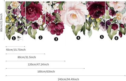 Large Peel and Stick Floral Bouquet Wall Decals Flowers Wall Stickers for Living Room Bedroom Accent Wall Decor, Burgendy Pink Rose Garden