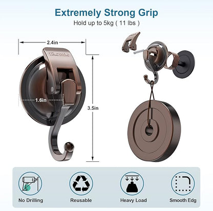 Heavy Duty Vacuum Suction Cup Hooks (2Pack) for Shower,Glass Window,Kitchen&Bathroom&Restroom Organization,Red Bronze