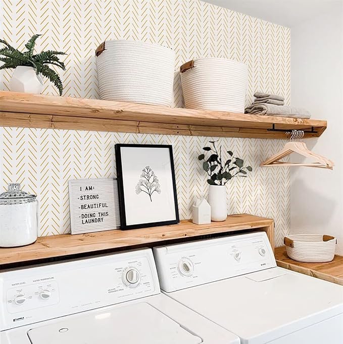 Orainege Yellow and White Peel and Stick Wallpaper Yellow Contact Paper 17.7 in x393.7 in Herringbone Geometric Wall Paper Peel and Stick Modern Lines Decorative Self Adhesive Wallpaper for Bedroom