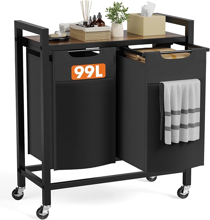 Laundry Sorter 2 Section, 2 × 13.1Gal (99L) Rolling Laundry Basket with Pull-Out Removable Bags & Movable Wheels,Clothes Separator Hamper Cart for Laundry Room, Bathroom and Bedroom Organizer