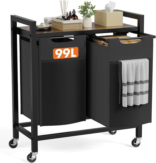 Laundry Sorter 2 Section, 2 × 13.1Gal (99L) Rolling Laundry Basket with Pull-Out Removable Bags & Movable Wheels,Clothes Separator Hamper Cart for Laundry Room, Bathroom and Bedroom Organizer