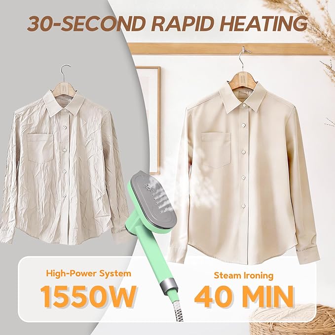 2 In 1 Steamer for Clothes: 1550W Powerful Steamer with 1100ml Detachable Tank, 30s Fast Heat-Up, Horizontal & Vertical Use, Portable Wrinkle Remover for Clothes Drapes Bedding (Green)