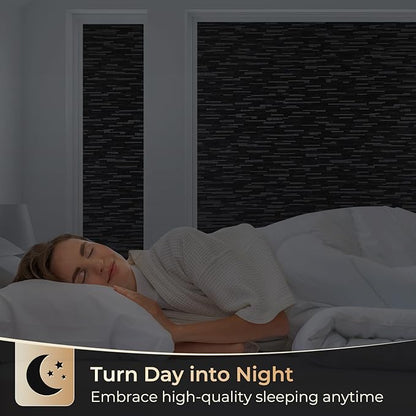 rabbitgoo Blackout Window Film, Sun Blocking Privacy Film for Room Darkening, Removable Black Out Vinyl Cover Tint for Home Day Sleep, Anti-UV Frosted Glass Clings, Black, 17.5 x 157.4 Inches