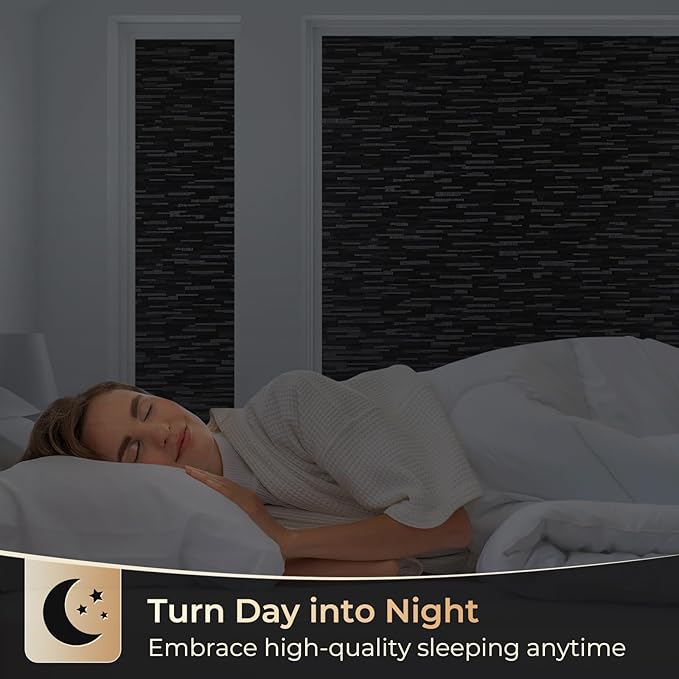 rabbitgoo Blackout Window Film, Sun Blocking Privacy Film for Room Darkening, Removable Black Out Vinyl Cover Tint for Home Day Sleep, Anti-UV Frosted Glass Clings, Black, 35.4 x 118.1 Inches