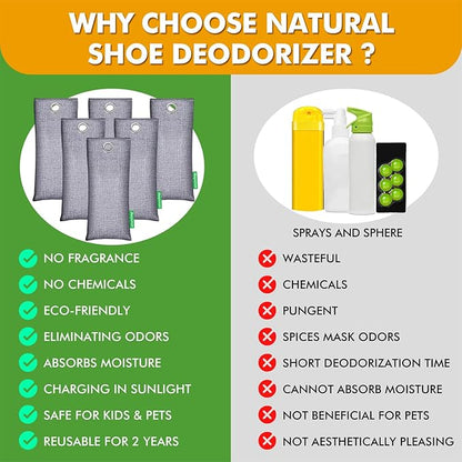 Activated Charcoal Odor Absorber for Strong Odor, Natural Shoe Deodorizer. Sneaker Odor Eliminator, 6 Pack Bamboo Charcoal Air Purifying Bags, Odor Remover Moisture Absorbers for Shoes