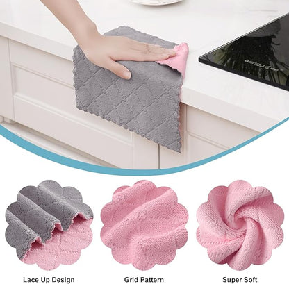 Homaxy 12 Pack Kitchen Cloths Dish Towels (10" x 10", Grey & Pink), Super Soft and Absorbent Dish Cloths, Coral Velvet Microfiber Cleaning Cloth, Nonstick Oil Fast Dry Dishcloths