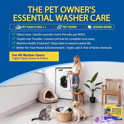 24 Count Washing Machine Cleaner for Pet Hair Relief Tablets - HE-Safe, Septic-Safe, Lavender Scent, 1-Year+ Supply, Pet-Friendly Washer Cleaner for Top/Front Load Washers
