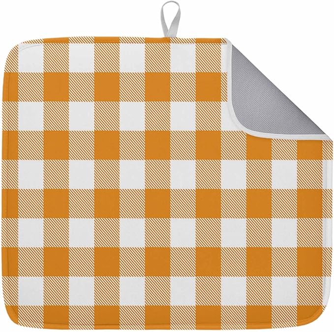 Dish Drying Mat Orange Buffalo Check Plaid Drying Mats for Kitchen Counter Farmhouse Style Absorbent Microfiber Dish Drainer Quick Drying Coffee Mat with Hanging Loop, 16 x18 inch