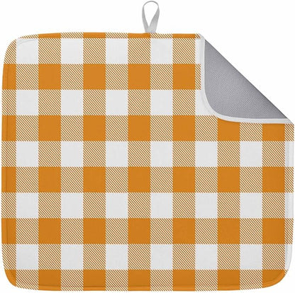 Dish Drying Mat Orange Buffalo Check Plaid Drying Mats for Kitchen Counter Farmhouse Style Absorbent Microfiber Dish Drainer Quick Drying Coffee Mat with Hanging Loop, 18 x24 inch