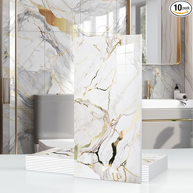 10pcs Thick Marble Peel and Stick Waterproof Wall Panels,Heat-Resistant Backsplash Tile, 23.6"x11.8" PVC Foam Wall Sticker for Kitchen,Living Rooms,TV Walls,White and Gold (Not Real Tile 19.4Sq. Ft.)