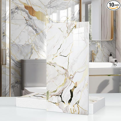 10pcs Thick Marble Peel and Stick Waterproof Wall Panels,Heat-Resistant Backsplash Tile, 23.6"x11.8" PVC Foam Wall Sticker for Kitchen,Living Rooms,TV Walls,White and Gold (Not Real Tile 19.4Sq. Ft.)