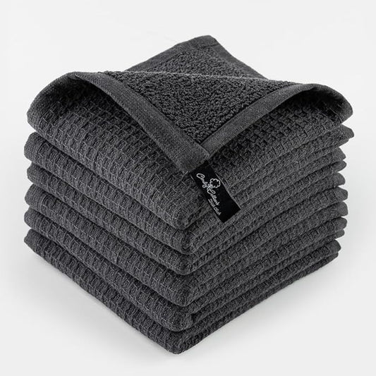DishCloths Kitchen|Waffle Terry Check Weave Hand Towels|Cotton 12x12 Reusable Dish Rags Washing Scrub Cleaning Dishes|Dish Bar Mop Towels Hand Wipes|Spring Easter Basket Decor|6 Pc Set-Grey