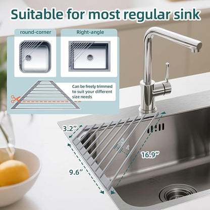 Ohuhu Triangle Roll Up Dish Drying Rack, Anti-Slip Organizer for Kitchen Sink Drying Rack with Full Silicone Wrapped for Top of Sink Coner Grey