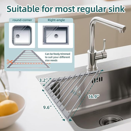 Ohuhu Triangle Roll Up Dish Drying Rack, Anti-Slip Organizer for Kitchen Sink Drying Rack with Full Silicone Wrapped for Top of Sink Coner Grey