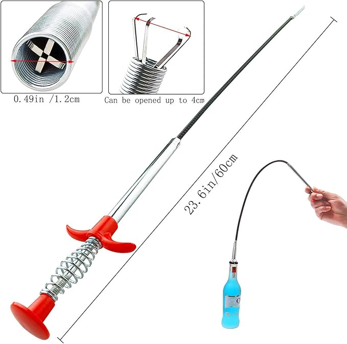 Flexible Drain Clog Remover Tool, Extra Long Plumbing Snake Hair Catcher with 4-Prong Grabber Claw, Heavy-Duty Spring Reacher for Kitchen Sink, Bathroom Tub, Sewer & Dropped Items (24 inch)