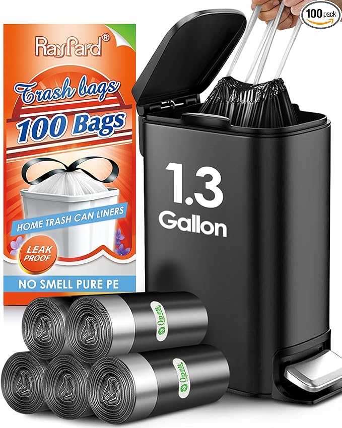 1.3 Gallon 100 Counts Strong Drawstring Trash Bags Garbage Bags by RayPard, 1, 1.2, 1.3 Gal Small Plastic Bags, Trash Can Liners for Home Office Kitchen Bathroom Bedroom, Waste Basket Liners (Black)