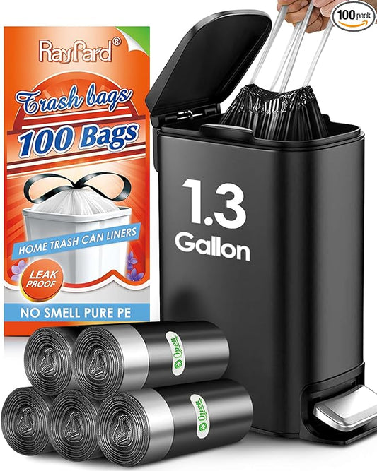 1.3 Gallon 100 Counts Strong Drawstring Trash Bags Garbage Bags by RayPard, 1, 1.2, 1.3 Gal Small Plastic Bags, Trash Can Liners for Home Office Kitchen Bathroom Bedroom, Waste Basket Liners (Black)