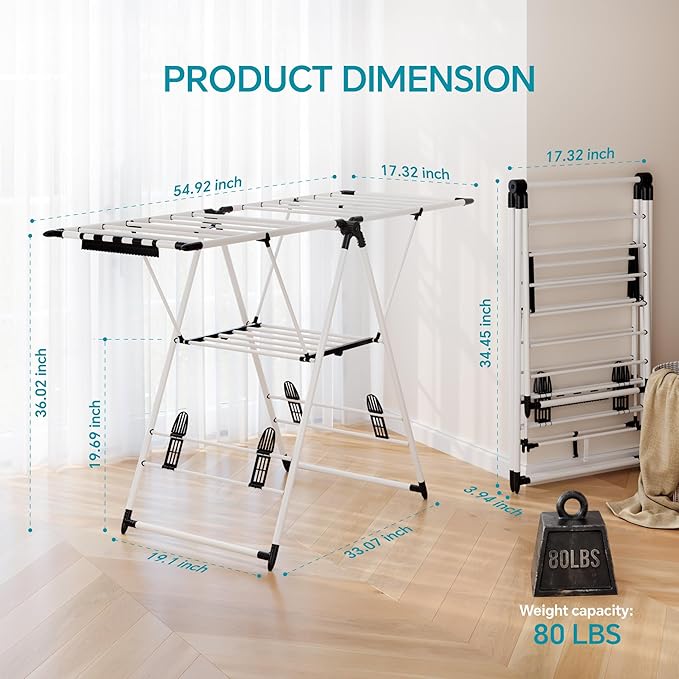 RUIE Clothes Drying Rack with 2 Tier Adjustable Design, 21 Rails Heavy Duty Laundry Drying Rack with Side Clips and Shoe Holders, Foldable Clothes Drying Rack for Indoor and Outdoor Use