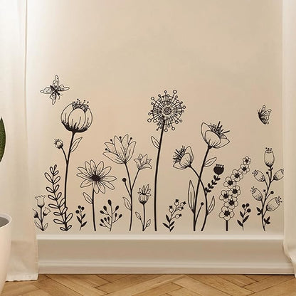 Black Boho Wall Decal Simple Sketch Flower Wall Stickers, Floral Wildflower Sticker Dandelion Peel Stick Wall Art Decor Bedroom Home Room Office Garden Hall Adult Gifts for Mom
