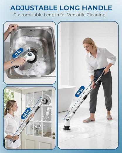 Electric Spin Scrubber, Rechargeable with Upgraded Battery & Extended Runtime, IPX7 Cleaning Brush, 3000mAh Battery 7 Brush Heads 2-Speed Adjustable Long Handle for Bathroom & Tile Floor Cleaning
