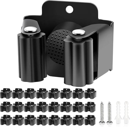 Verdenu 25 Pack Broom Holder Wall Mount, Mop and Broom Holder Wall Mount, Stainless Steel Command Mop Holder with Screws, Garden Tool Storage Organizer for Kitchen, Home, Bathroom, Garage, Black