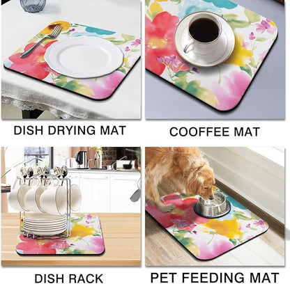 Dish Drying Mat, 16x18in, Watercolor Flower, Rubber Backed, Absorbent, Quick Dry, Fit Kitchen Counter, Bar, Under Sink, Dishes, Utensils, Dish Rack