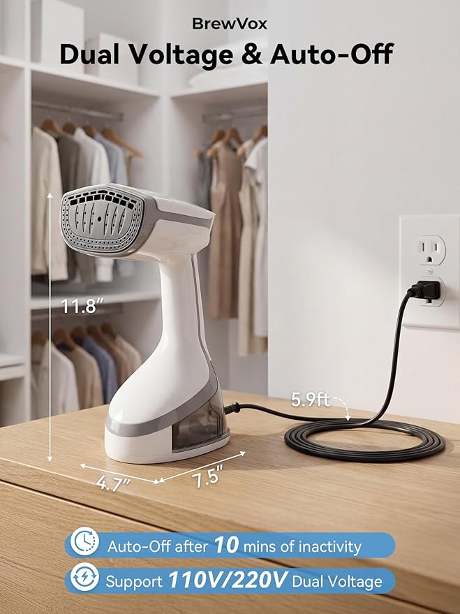 Handheld Steamer for Clothes, 5000Pa Suction Auto-Grip Vacuum Steamer & Iron for Garment Grip, Wrinkle Remove, 12 Oz Large Tank, Travel Dual Voltage