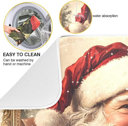 Christmas Santa Claus Poinsettia Dish Drying Mat for Kitchen Counter Absorbent Microfiber Drying Pad, Medium 16x18 in
