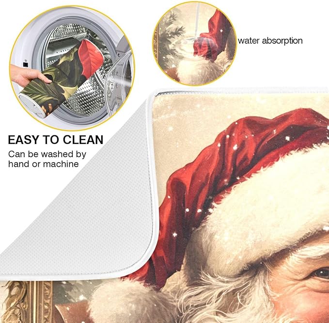 Christmas Santa Claus Poinsettia Dish Drying Mat for Kitchen Counter Absorbent Microfiber Drying Pad, Large 18x24 in